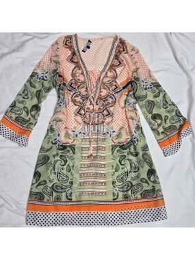 Minkas Boho Embellished Beaded Tunic Longsleeve Paisley Print Dress Size M